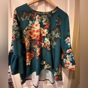 Bryn Walker Fran floral teal bell sleeve high/low top